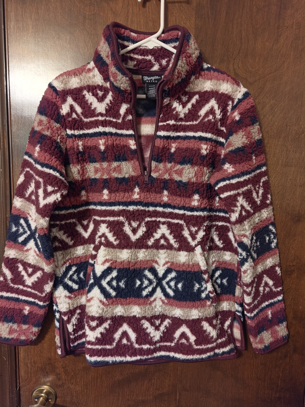 Wrangler Burgundy Navy Cream Patterned Sherpa Quarter-Zip Pullover